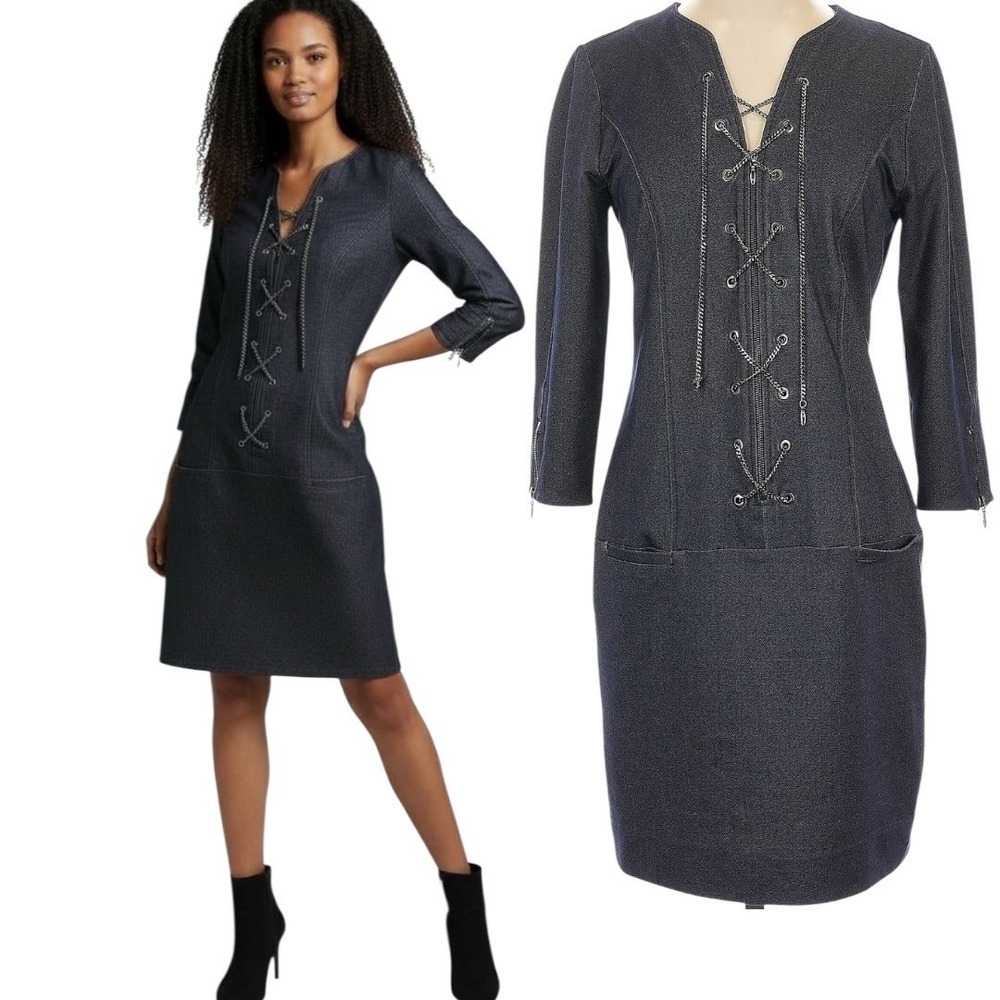 ETCETERA Denim Lace Up‎ Dress Zip Front 3/4 Sleeve Pockets Size 2